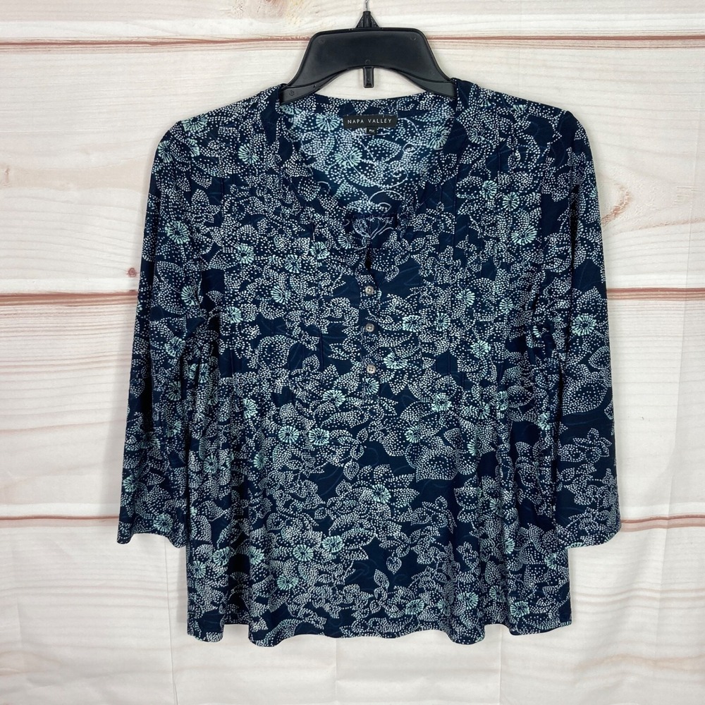 Napa Valley Top Womens PM Blue Floral Blouse Henley 3/4 Sleeve Knit Pullover‎